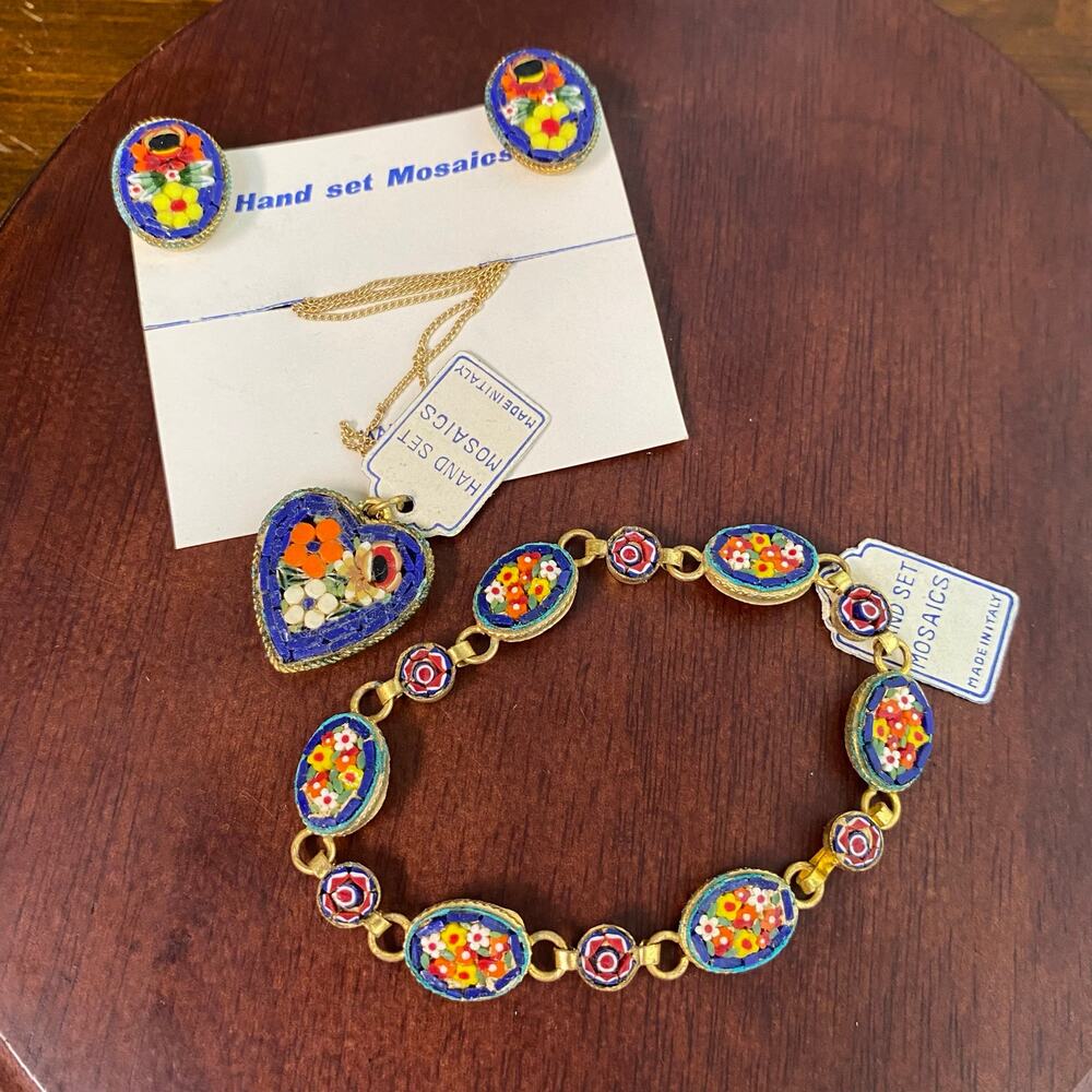Vintage 1960s Italian Micro Mosaic Jewelry Set Floral Bracelet Earrings Necklace